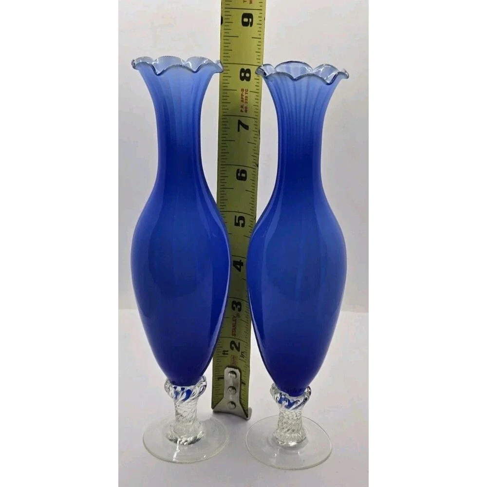Hand Blown Murano Art Cobalt Blue Encased Opulescent Ruffled Swirl Glass Vase